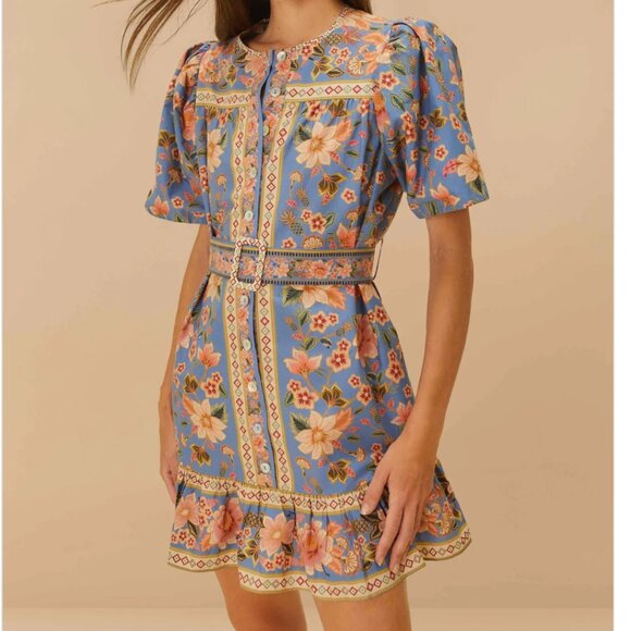 FARM Rio Dresses & Skirts - Farm Rio Blue Superbloom Tapestry Organic Cotton Mini Dress Like New